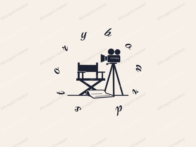 a minimalist vector drawing in a monochrome color scheme. The logo features a simple black silhouette of a movie director’s chair positioned on the left side, with its backrest and armrests clearly outlined. To the right, standing on three legs