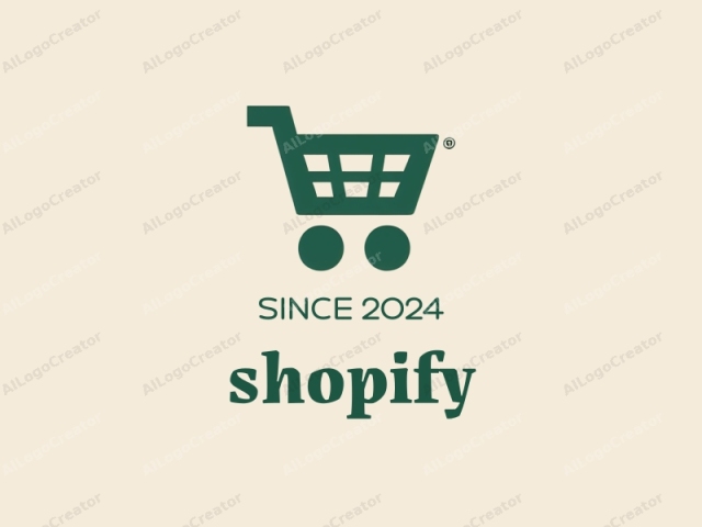 a shopping cart with minimalist design. The image features a shopping cart in a flat, simplified style, rendered in a solid dark green color. The shopping cart is centrally positioned against a light beige background, creating a stark contrast. The cart has a