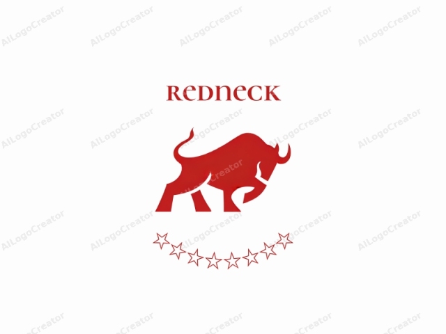 This is a stylized, flat vector graphic of a bull, rendered in solid, bold red against a stark white background. The bull is positioned centrally and is facing left, with its body in a dynamic stance that suggests strength and power. The