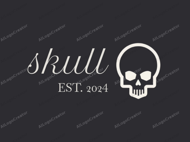 The image is a minimalist logo in white, set against a solid black background. The central element is a stylized skull, featuring a smooth circle representing the skull's eye sockets, with a hollow, circular nose and two small, downward-pointing