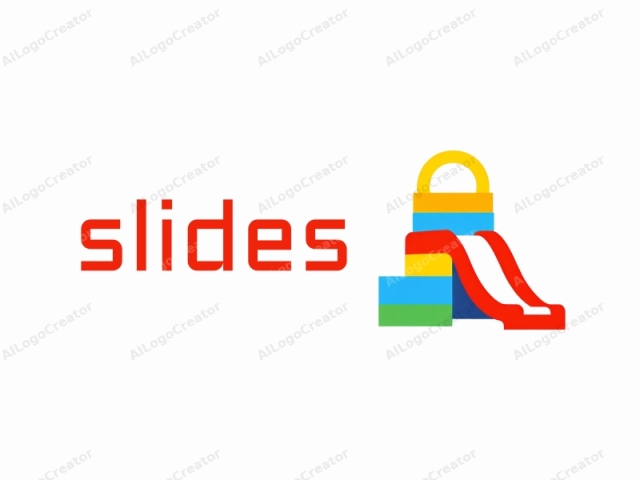 This image features a simple, minimalist design representing a children's playset. The central object is a red and white slide with a curved track. The red slide is positioned diagonally from left to right and has a prominent white chute leading to the