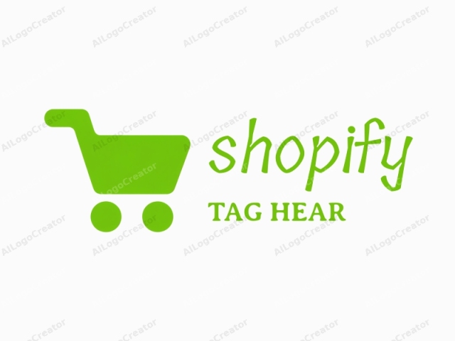 a green shopping cart. The image is a simplistic, flat design, rendered in a clean and modern style. The primary subject is a vibrant, solid green shopping cart with a rounded body and large, oval wheels positioned at its base. The front