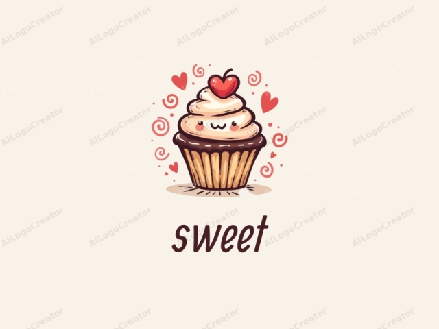 Dies ist ein farbenfrohes, verspieltes und fantasievolles Logo-Bild, das einen entzückenden Cupcake-Charakter mit einem einfachen, charmanten Gesicht zeigt. Der Cupcake ist in einem cartoonhaften Stil mit glatten, abgerundeten Linien und einer sanften Schattierungstechnik gezeichnet, die ihm eine