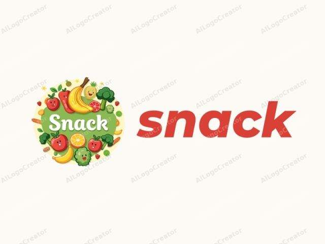 This logo is a vibrant, colorful digital illustration depicting a cheerful, cartoonish depiction of the word "Snack" in large, white, playful letters at the center of the composition. Surrounding the word are a variety of colorful, smiling food