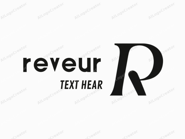 ภาพนี้เป็นการออกแบบแบบมินิมอลและโมโนโครม จุดเด่นของโลโก้คือตัวอักษร "R" ตัวพิมพ์ใหญ่ที่โดดเด่นในแบบอักษร sans-serif ตัวอักษร "R" ถูกวางไว้อย่างโดดเด่นตรงกลางภาพ และครอบคลุมพื้นที่ส่วนใหญ่