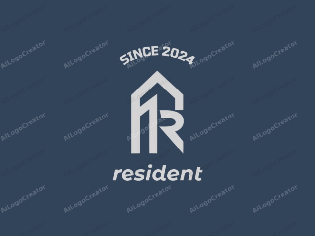 The image features a minimalist, geometric design on a solid dark blue background. Central to the image is a stylized house silhouette composed of two intersecting lines. The top line represents the roof, while the bottom line represents the walls of the house