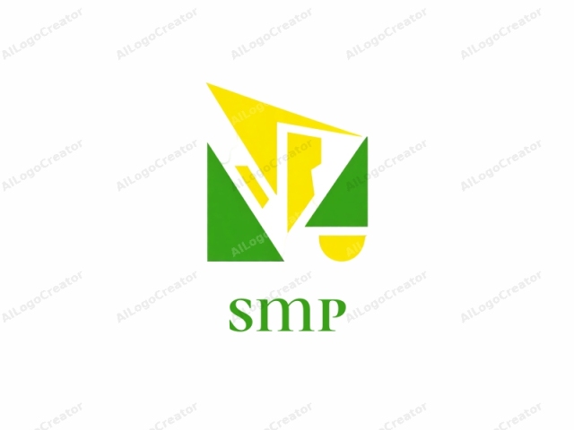 which features an abstract design. This logo consists of a stylized shape formed from multiple interconnected polygons. The dominant colors include bright yellow, vivid green, and stark white, arranged in a modern, geometric style. The central figure, a yellow triangular