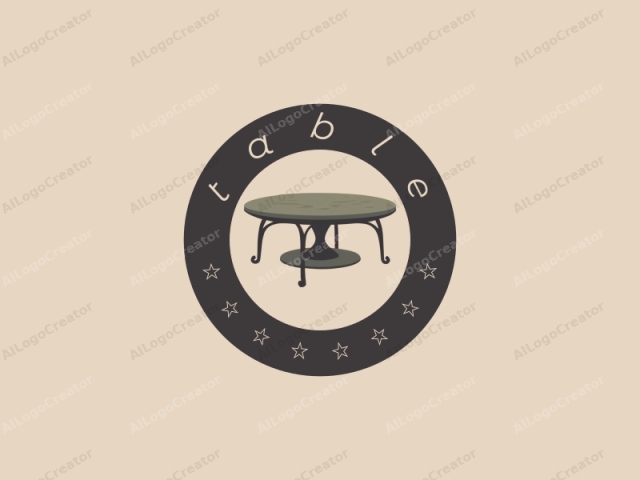 This is a clean, minimalist logo featuring a round, flat-top table set against a beige background. The table is centered and occupies the majority of the image, showcasing a sturdy, cast-iron-like structure. It stands on four slender, curved