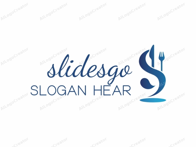 which features a modern, minimalist design. This logo is rendered in a sleek, stylized manner, characterized by a smooth gradient transitioning from deep blue to light blue. The main subject of the logo is a combination of a fork and a spoon,