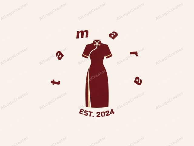 Esta imagen es una ilustración simple, minimalista y basada en vectores que representa un vestido tradicional chino de cheongsam. El vestido, representado en un color granate oscuro, presenta un diseño clásico de cheongsam con mangas cortas y un cuello alto. La prenda