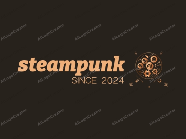 in the style of a digital illustration. This is a digital logo with a vintage, industrial theme. The central image is a circular diagram featuring various interconnected gears and tools in metallic gold. Each gear and tool is intricately detailed, giving a sense of