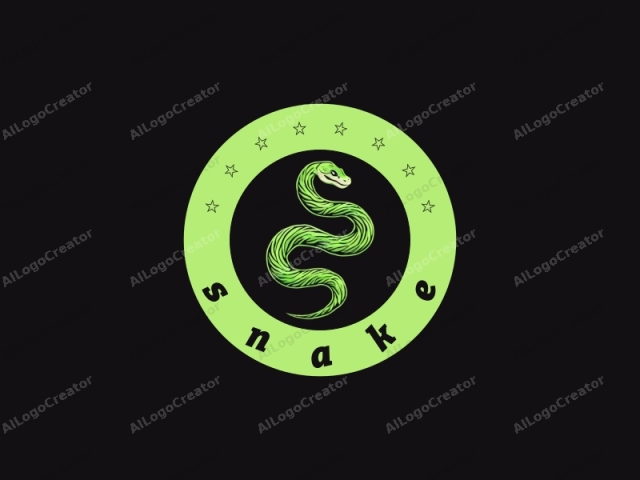 The image is a stylized logo of a snake coiled in the center of a black background. The snake's body is depicted in vibrant, neon green hues, creating a striking contrast against the dark backdrop. Its body is smooth and sleek,