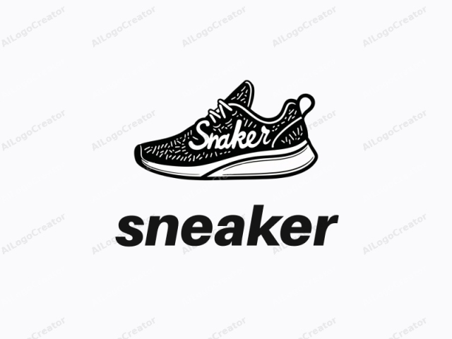 im minimalistischen Stil. Dieses Schwarz-Weiß-Logo zeigt einen Sneaker im Profil. Der Sneaker ist mit klaren, kräftigen Linien dargestellt und in einem kontrastreichen monochromen Farbschema gerendert, was sein schlankes und modernes Design betont. Der