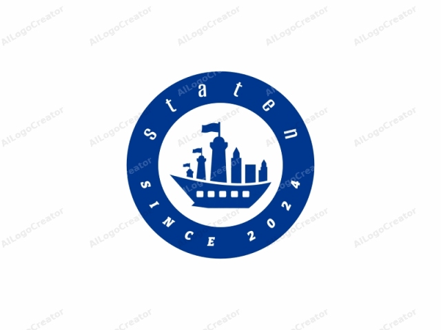 que presenta una representación estilizada y simplificada de un barco. El barco se representa en un color azul sólido y fuerte sobre un fondo blanco puro, proporcionando un alto contraste y claridad visual. El diseño es limpio y moderno, con un enfoque minimalista. El