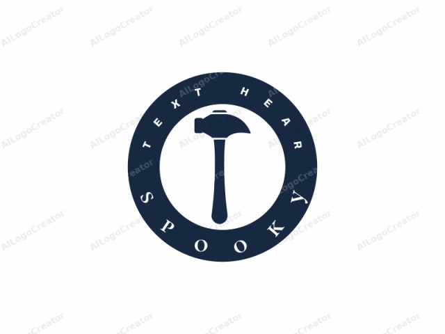 a hammer. The logo is a minimalist, black and white vector graphic illustration. The design features a simple, stylized hammer icon. The hammer is rendered in a solid, dark blue color against a stark white background. The hammer is depicted with