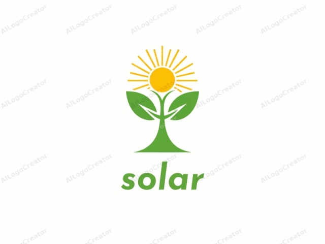 Hervorhebung der visuellen Elemente und Symbolik. Das Bild ist ein einfaches, vektorbasiertes Logo mit einer stilisierten Sonnenblume. Das Logo besteht aus vier Hauptelementen: der Sonne, dem Stiel und zwei großen, symmetrischen grünen Blättern. Die Sonne