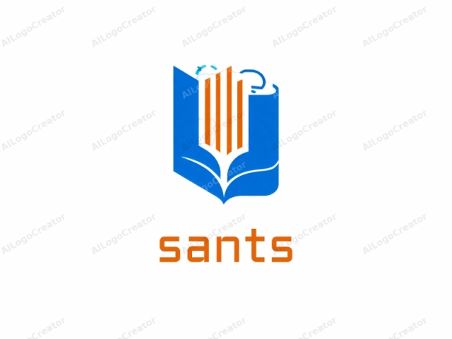 El logotipo presenta un gráfico estilizado de un libro abierto con una cubierta azul y un lomo de libro naranja. La cubierta del libro tiene un diseño distintivo, limpio y minimalista. El lomo del libro está dividido en tres secciones con rayas verticales naranjas. El libro