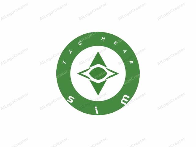 Esta imagen presenta un logo geométrico con un diseño minimalista. El logo está centrado sobre un fondo blanco liso, creando un contraste marcado que hace que el diseño destaque prominentemente. El logo consiste en una figura verde en forma de diamante con un óvalo blanco en su interior