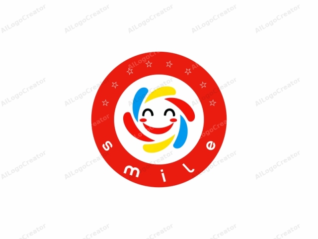 featuring a whimsical and joyful smiley face. This digital logo is characterized by a cheerful face with closed eyes and a wide, toothy grin, giving an impression of joyousness. The face is positioned centrally and surrounded by a vibrant, abstract