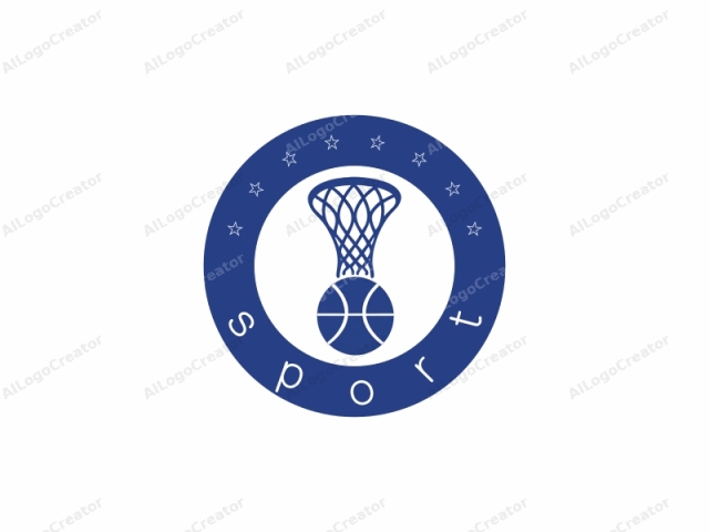 This is a logo for a basketball-themed product or organization. The logo consists of a simplistic, blue silhouette of a basketball net and a basketball. The net is depicted with a series of interwoven lines that create a web-like structure. It