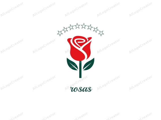 Dies ist ein digitales Logo-Design, das eine rote Rose mit grünen Blättern darstellt. Die Rose ist zentral vor einem schlichten weißen Hintergrund positioniert, was ihr ein sauberes und minimalistisches Aussehen verleiht. Die Rose ist mit einer glatten, abgerundeten Blütenblattform dargestellt, die typisch für stilisiertes Design ist.