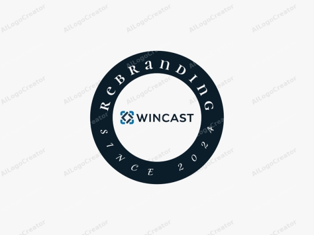 這是一個名為「WinCasts」的公司的數位圖形標誌。設計採用極簡風格，具有乾淨、現代的美感。標誌的核心是一個藍色的方形符號，略微位於公司名稱上方。這個符號由