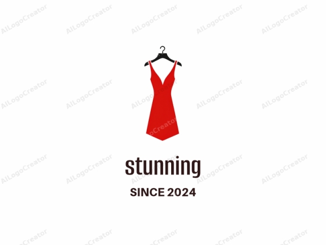 This image depicts a simple, minimalist illustration of a red dress hanging on a black mannequin. The dress is a sleeveless, V-neck design with a deep V-shaped neckline. It has a modest hemline that reaches mid-thigh,