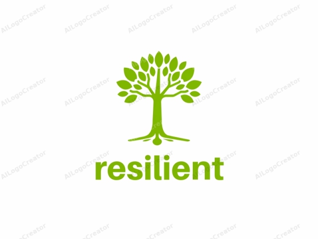 This is a simple, flat, green silhouette logo of a tree. The tree is centrally positioned against a plain white background, which enhances the vibrant green color and makes the design stand out clearly. The tree's trunk is thick and straight, branching