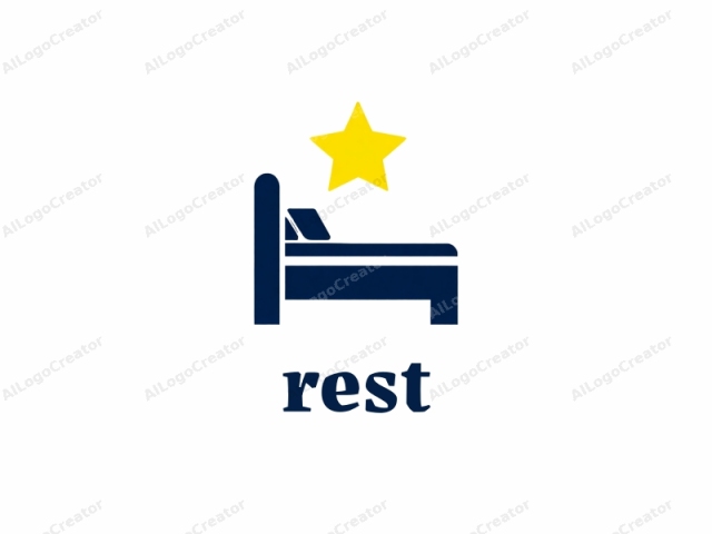 This is a simple, minimalist logo design. The logo is a vector graphic composed of solid colors and clean lines. It depicts a bed, drawn in dark blue, positioned centrally on a white background. The bed is shown in a side view with