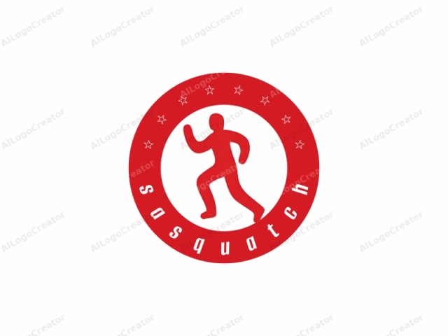 This image features a simplistic, stylized illustration of a human figure in motion. The figure is depicted in solid red, with a minimalist design that lacks fine details such as facial features or intricate clothing. The pose suggests movement; the arms are raised