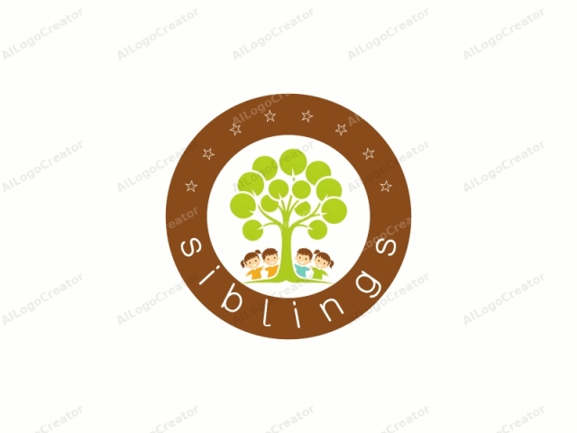 a tree with four children at its base. This stylized logo features a large, green, tree with a thick trunk and numerous green leaves. The leaves are arranged in a circular, symmetrical pattern, resembling the branches and canopy of a full