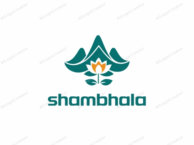 This is a minimalist logo design featuring a stylized representation of a lotus flower and mountains. The image is primarily in teal blue with subtle shades of teal and white, set against a stark white background. At the center is a lotus flower