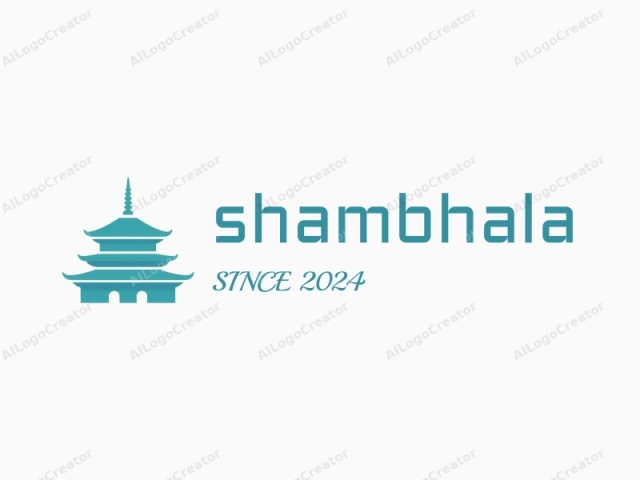 focusing on its minimalist and modern design. This is a minimalist logo depicting a traditional Japanese temple or shrine in a flat, simplified, and stylized manner. The temple is shown in a teal blue color, with its roof and eaves in a