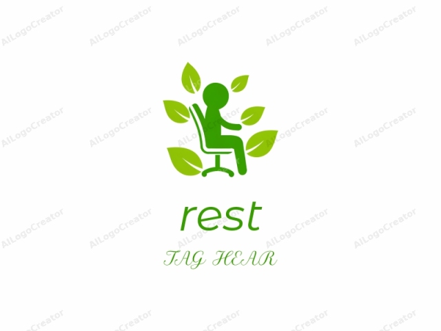 This is a simple, minimalist, and abstract digital illustration depicting a stylized, green, human figure seated in a green office chair, surrounded by numerous green leaves. The leaves vary in size and overlap each other, creating a natural, forest-like