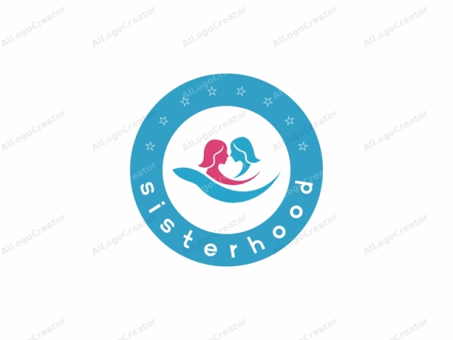 The logo is a simple, stylized, and abstract design featuring two female figures. The left figure is depicted in a vibrant pink, while the right figure is illustrated in a soft blue hue. Both figures have wavy, flowing hair that casc