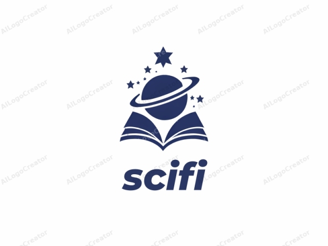 Ein stilisiertes blaues Planet und Buch, vor einem weißen Hintergrund. Das Logo, in einer einfachen, aber visuell beeindruckenden Weise dargestellt, zeigt einen dunkelblauen Planeten mit einem markanten Ring, der einen Saturn-ähnlichen Körper symbolisiert. Über dem Planeten, fünf Punkte