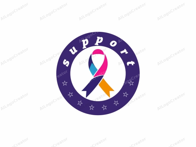 This is a logo design featuring a stylized ribbon, often used to signify support for various causes. The ribbon is composed of three main colors: a bright pink loop in the middle, which forms the center of the ribbon, flanked by a