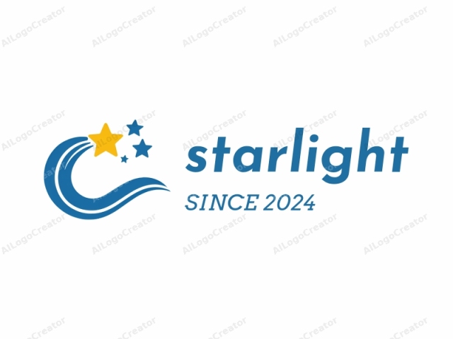 The image is a minimalist logo, featuring a stylized, curved blue wave with smooth, flowing lines and a bold, bright yellow star at its tip. The blue wave curves gracefully downward from the top left to the bottom right, creating a sense