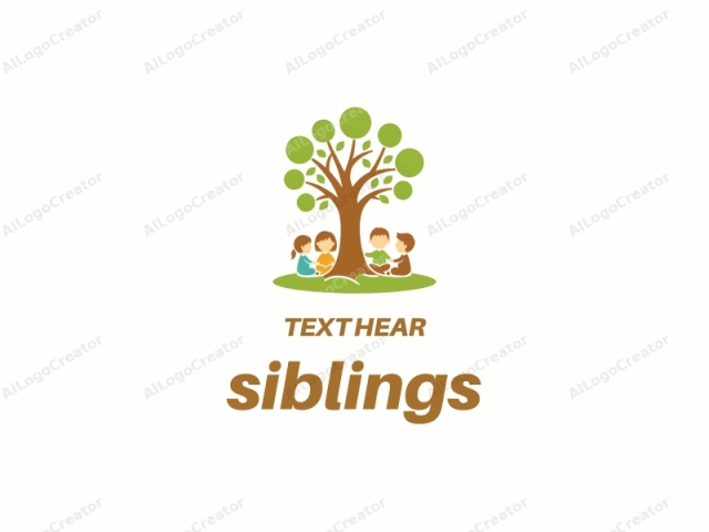 This is a colorful, simplified, and stylized logo image featuring four children seated around a large, leafy tree. The tree, located centrally and slightly left, has a brown trunk and multiple branches adorned with green leaves. The children, drawn