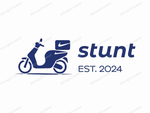 using the provided description. This is a minimalist, monochromatic blue vector illustration of a scooter. The scooter is depicted in a side view, facing slightly left. The design features a sleek, modern style with clean lines and sharp angles, conveying