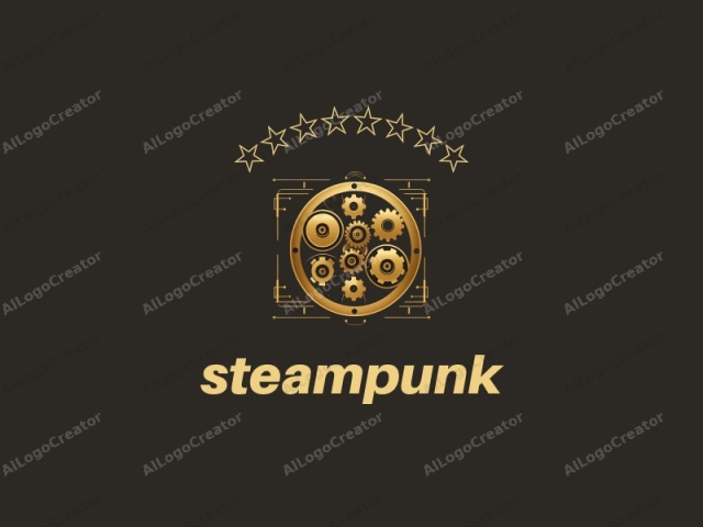 The image is a digital illustration featuring a circular design with metallic, gold gears and other mechanical components arranged in an intricate, symmetrical pattern. The central gear is the largest and most prominent, with smaller gears surrounding it in a radial fashion, each