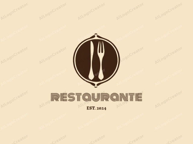 un diseño circular, que presenta una ilustración simplificada y estilizada de un cuchillo y un tenedor en tonos monocromáticos. La imagen consiste en dos líneas negras sólidas, que representan los utensilios, colocadas verticalmente una frente a la otra. El cuchillo está posicionado a la izquierda