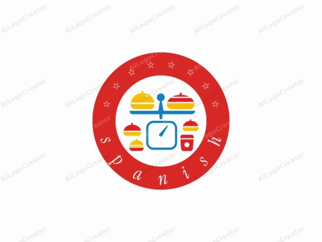 This logo consists of simple, flat, geometric shapes in vibrant colors, arranged in a balanced composition on a white background. The main focus is a blue scale balanced on a horizontal beam. On the left side of the scale are three red, round