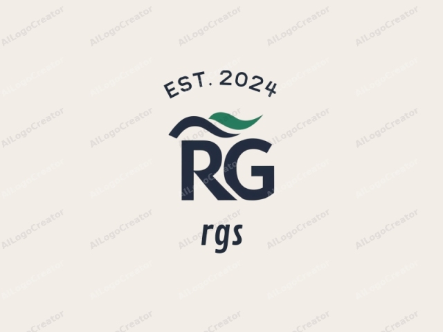 featuring a minimalist design. This is a logo image of the letters "R" and "G" stylized in bold, dark blue sans-serif font. The letters are set horizontally against a plain, beige background, with the letter "R" on