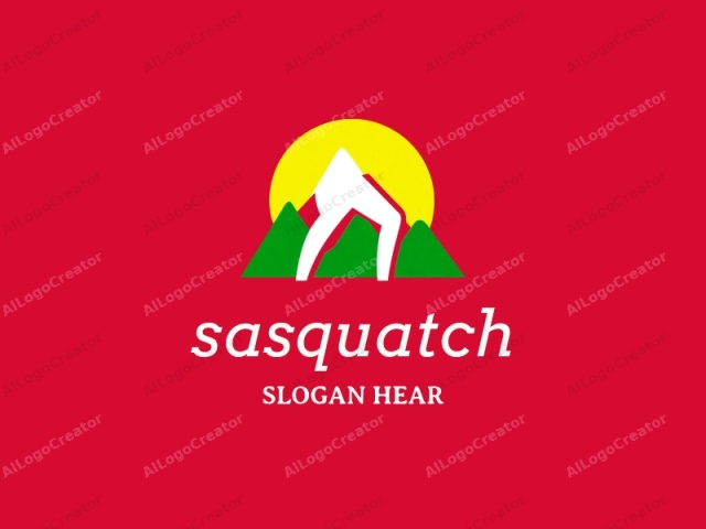 describing its key features and stylistic elements while adhering to specific word count restrictions. This is a minimalist logo with a vivid red background that dominates the entire composition. Central to the image is a large, stylized white outline of a mountain range