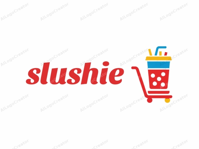 a shopping cart with a drink container. The image features a simplistic, flat design with bold colors. The shopping cart is predominantly red with a rounded, smooth handle at the top, and a pair of wheels at the bottom. Positioned on the shopping