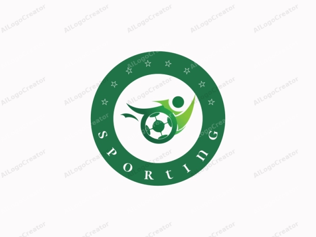 The logo is a sleek, abstract design in various shades of green, set against a plain white background. It features a stylized soccer ball in the center, depicted with five white pentagonal panels and black circles representing the seams. Surrounding the