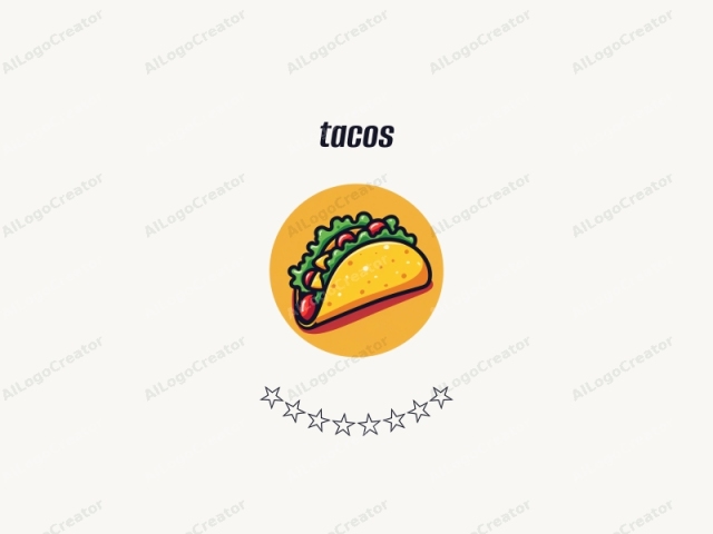 Este es un dibujo digital de un taco, representado con contornos negros atrevidos y colores vibrantes, sobre un fondo circular. El taco es el tema central, ocupando la mayor parte del marco. Presenta una cáscara amarilla brillante con ligeras hendiduras