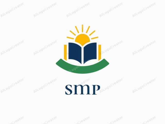 The logo is a simplified, flat graphic design featuring a stylized book. At the top center of the image, there is a large, yellow sun with a bold outline in black. The sun is surrounded by a blue and black open book,