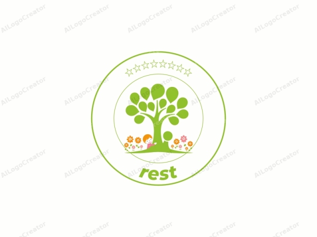 This is a simple, digital illustration in a modern, minimalist style. The central subject is a large, green tree with a broad, round canopy composed of numerous, smooth, overlapping circular leaves. The tree's trunk is thin and slightly curved,